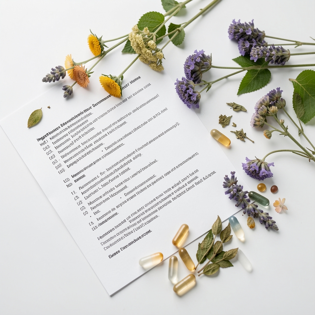 Close-up editorial overhead shot of ingredient documentation notes, natural botanical samples and supplement capsules arranged on a white surface in a studio setting