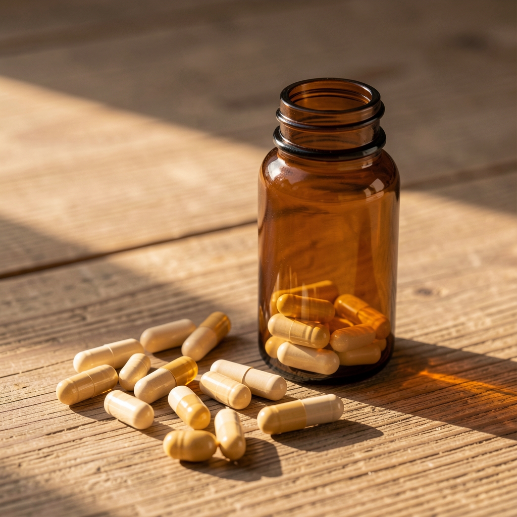Amber glass supplement bottle alongside scattered omega capsules on a wooden surface with warm morning light casting a gentle shadow